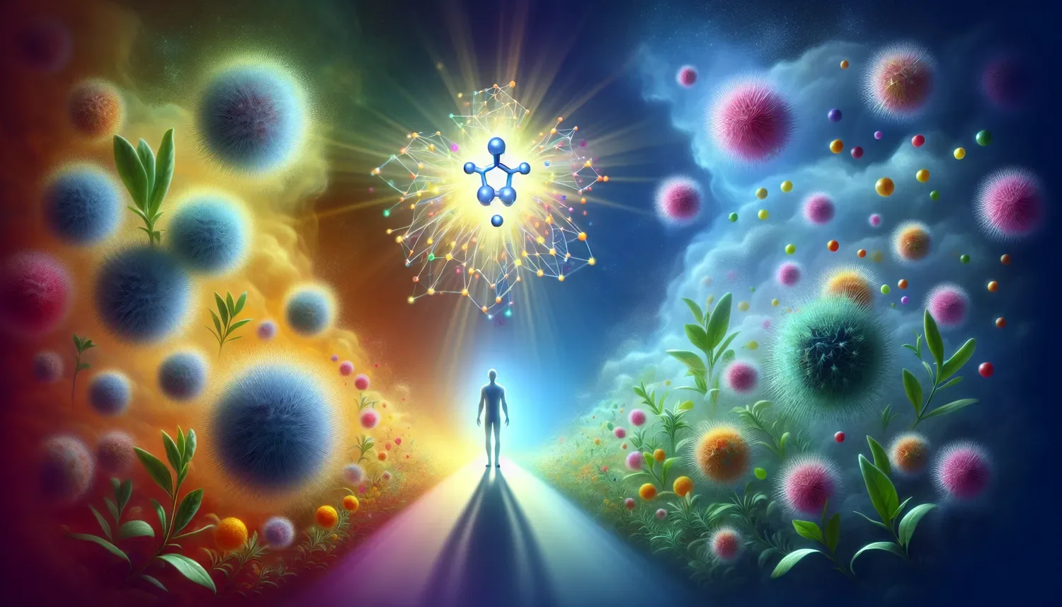stylized person flanked by large pollen representations in front of a molecule representing antioxidants