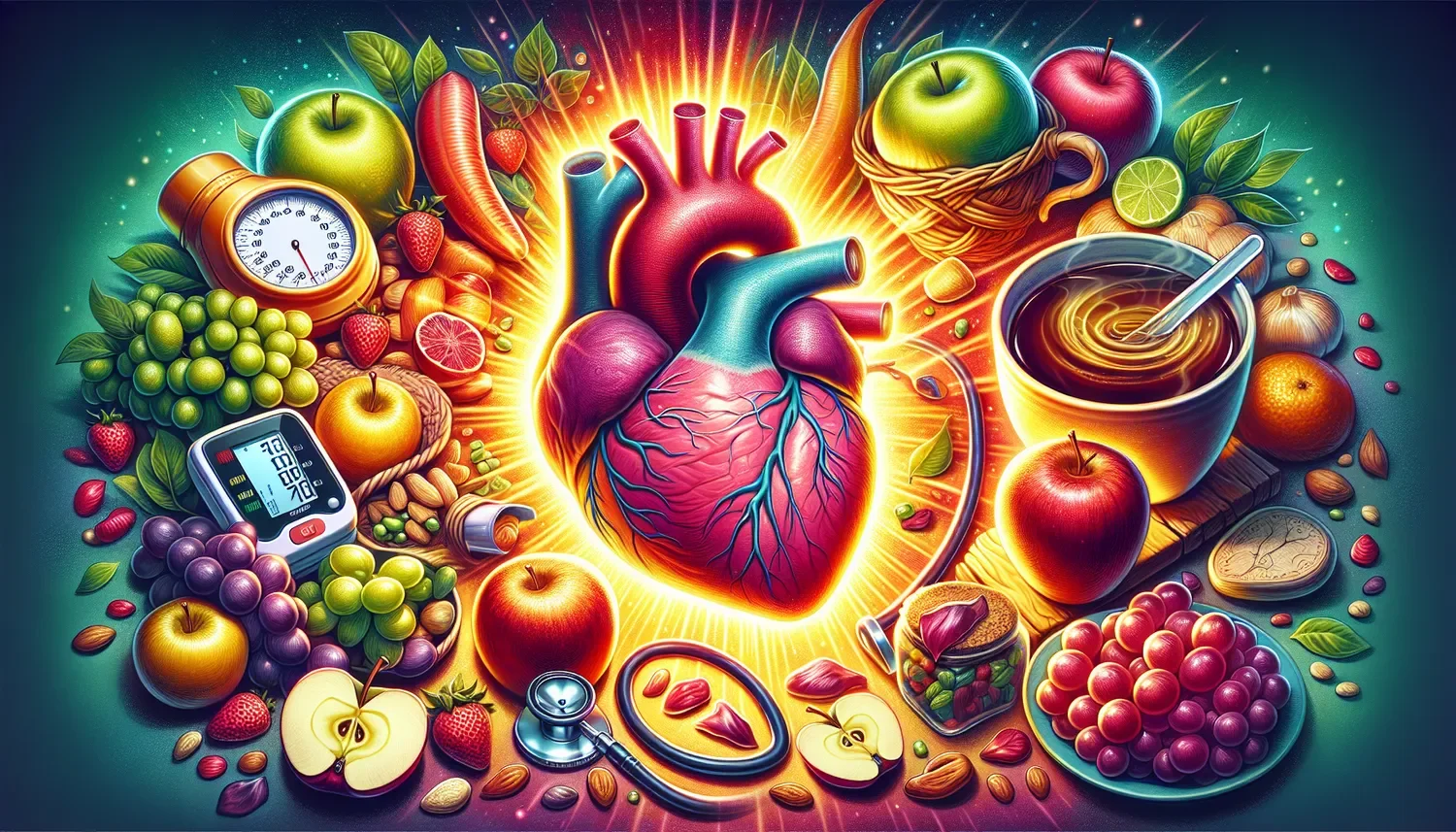 stylized heart with a scale glucose meter and fruits and vegetables that contain antioxidants