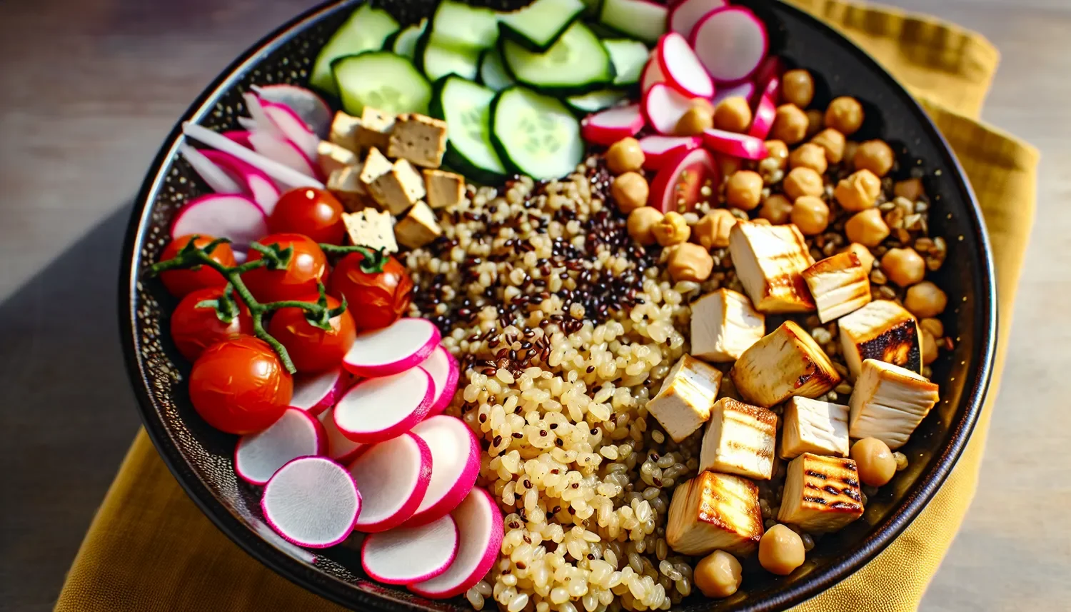 stylized image of a grains and chicken bowl