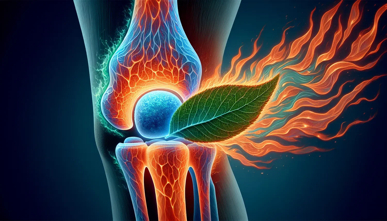 stylized knee with a flame and leaf representing antioxidant effects