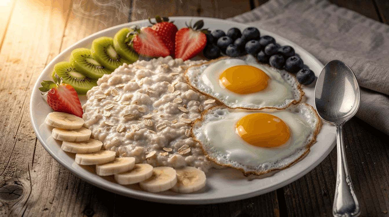 This image features a vibrant breakfast plate with a serving of oatmeal, perfectly cooked eggs and an assortment of fruit, all arranged on a rustic table.