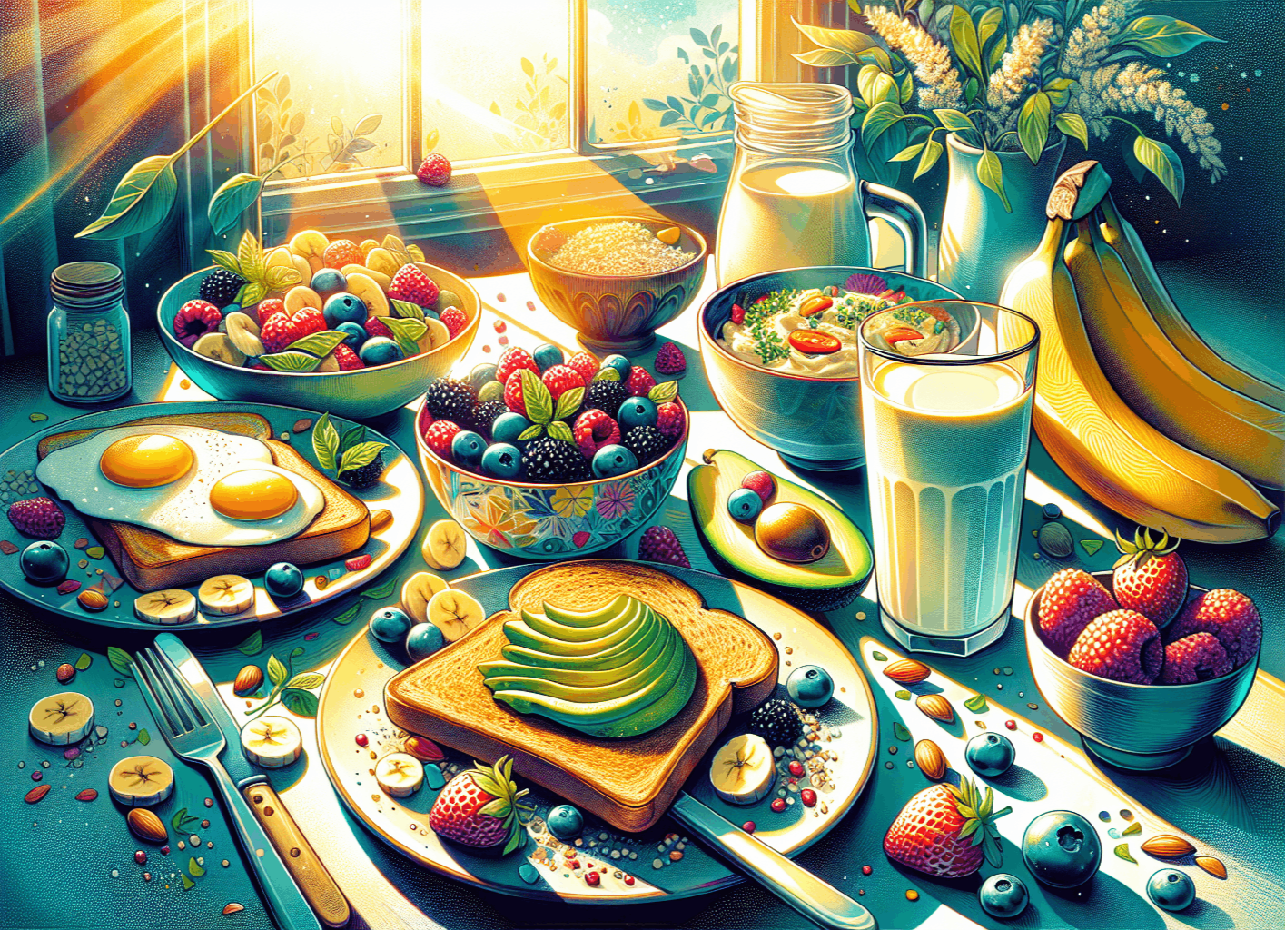 stylized display of breakfast foods.