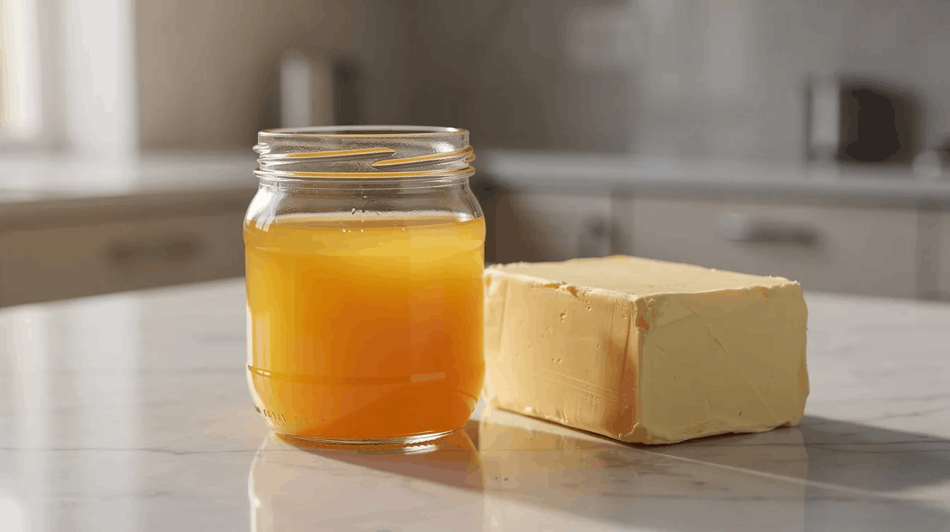 jar of melted butter and a block of solid butter