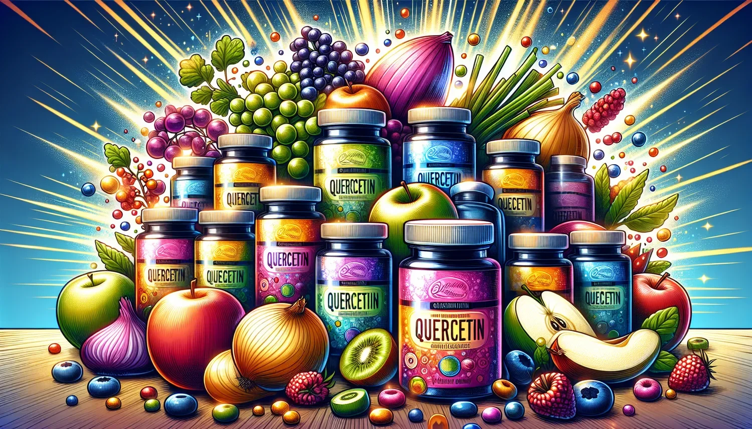 stylized image of quercetin bottles surrounded by polyphenol fruits and vegetables