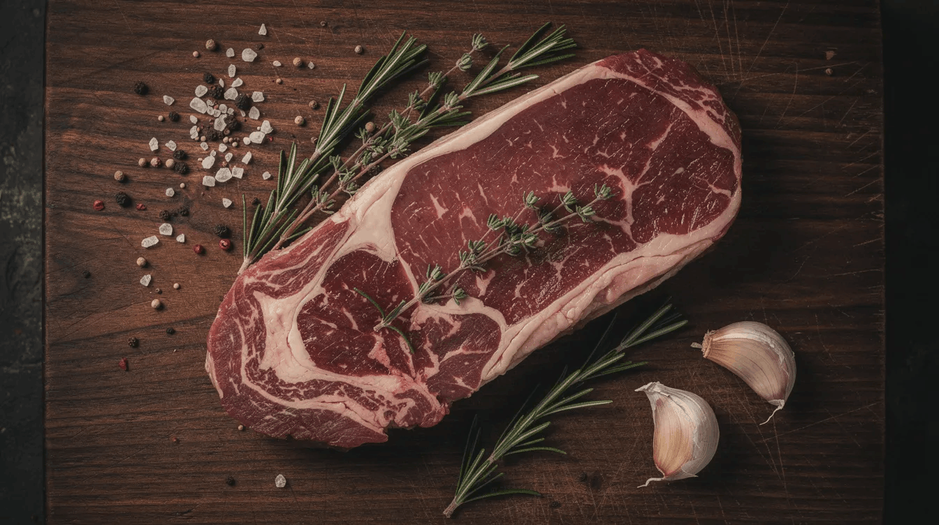 steak with garlic, rosemary, and thyme waiting to be cooked.