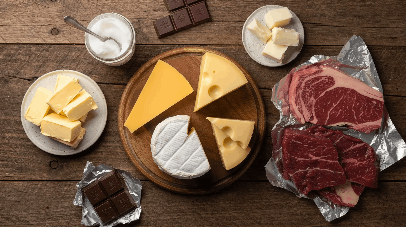 plates arranged showing different fats, steak, cheese, butter, coconut oil, chocolate.