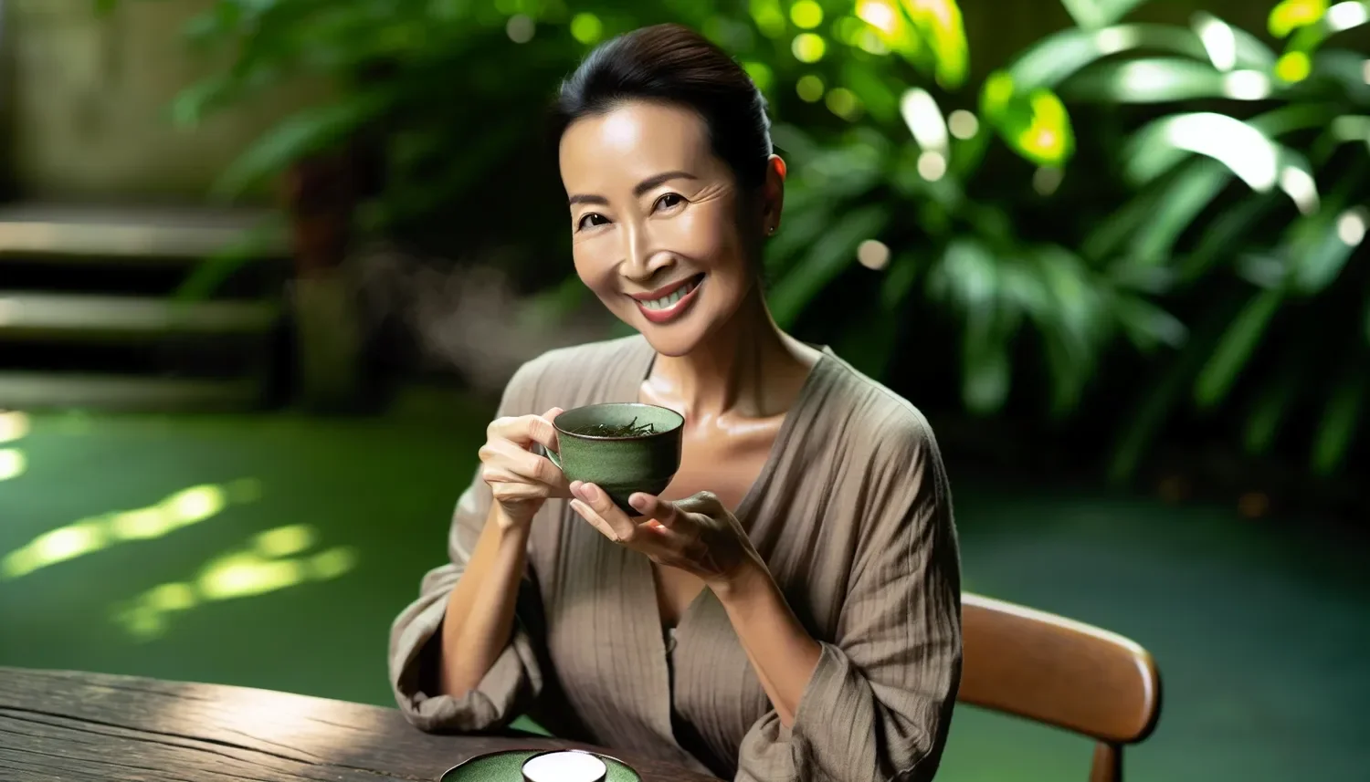 stylized image of a woman drinking green tea