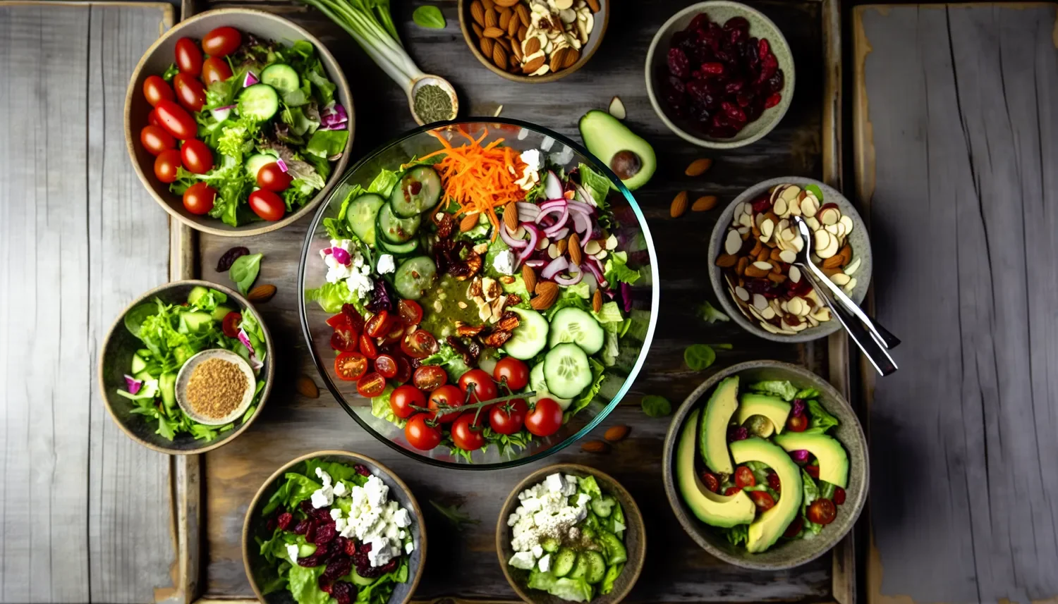 birds eye view of bowls of different salads and salad ingredients.