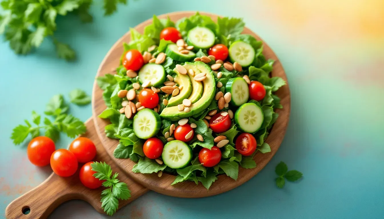 salad bowl with healthy fats. avocado tomatoes cucumber
