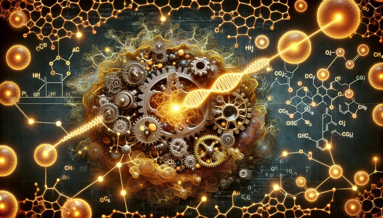 gears representing the core of a cell with organic compounds and formulas surrounding it.