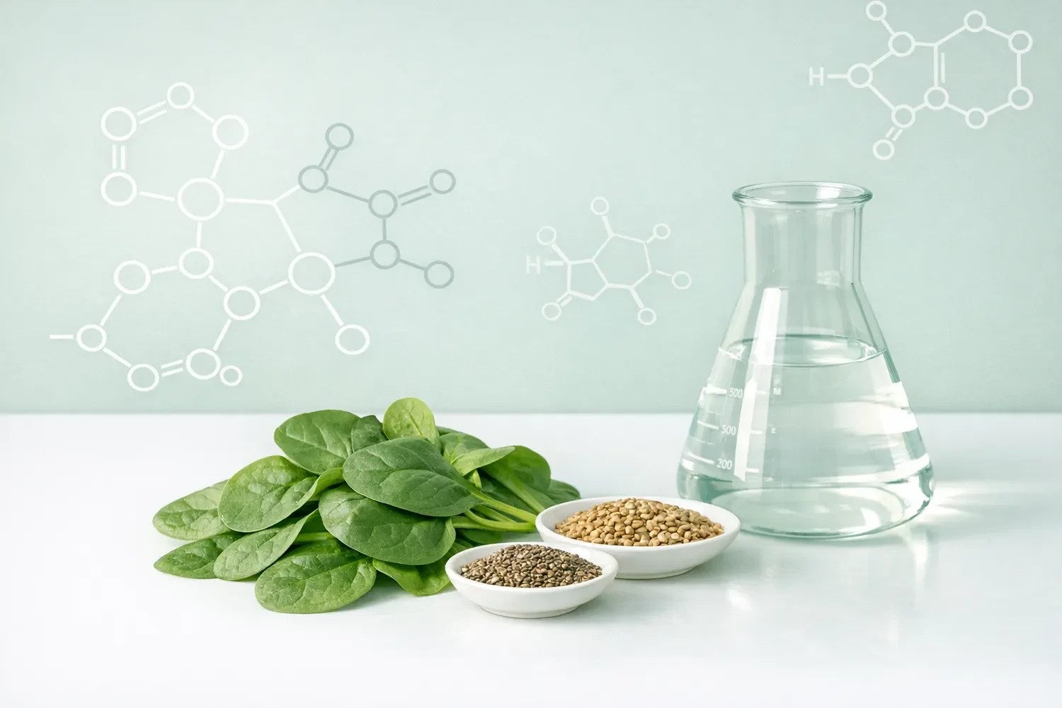 image with spinach seeds nuts and a beaker with organic compounds
