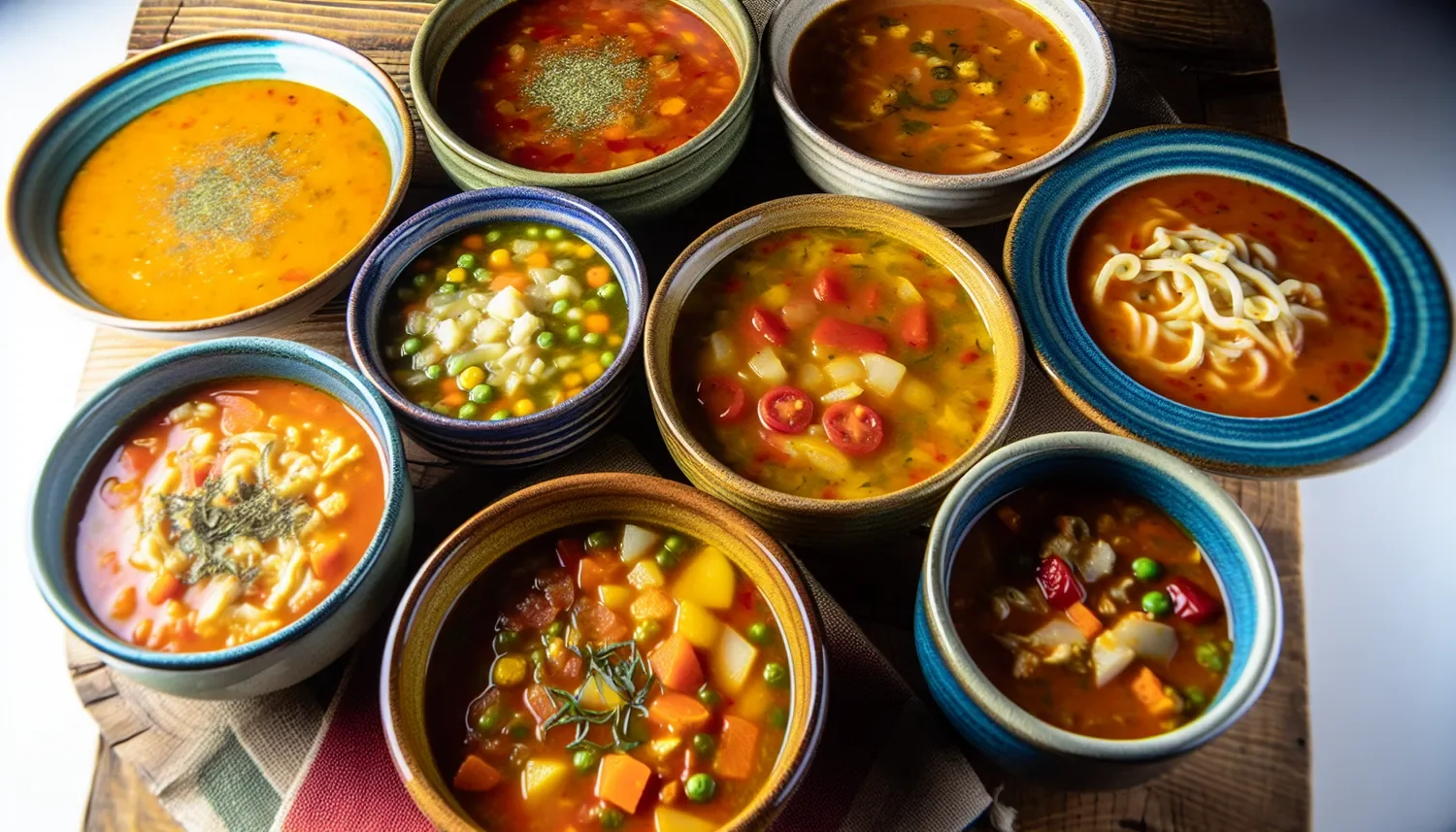 top down view of different bowls of soup
