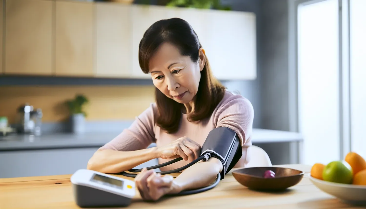 stylized image of a woman taking her blood pressure in the kitchen