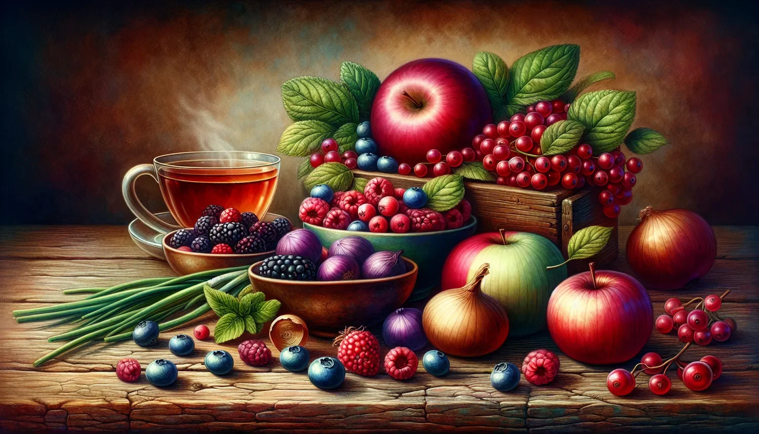 stylized antioxidant containing fruits and vegetables, tea and berries on a wood table