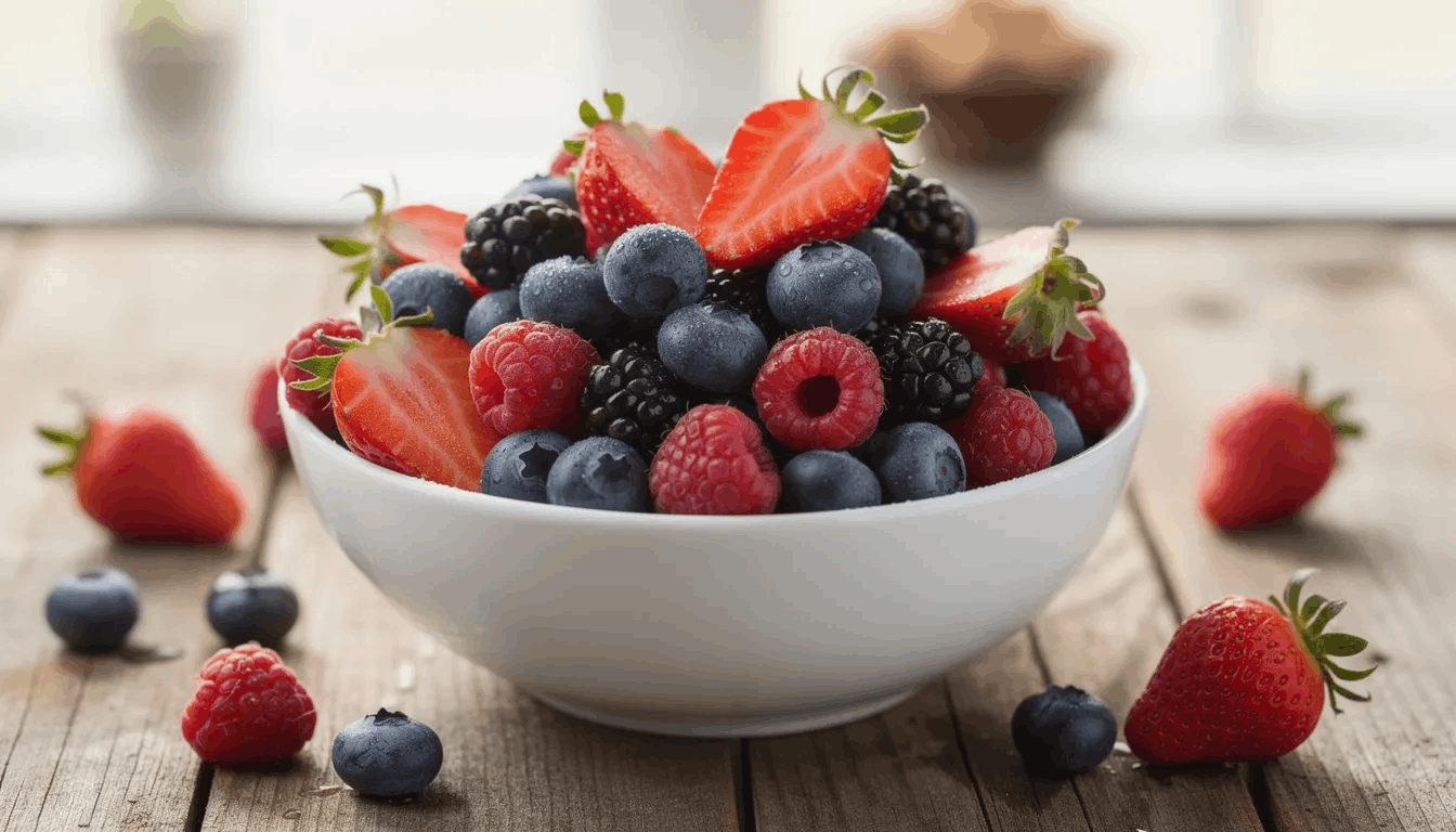 image of a bowl of berries: strawberries, blueberries, raspberries
