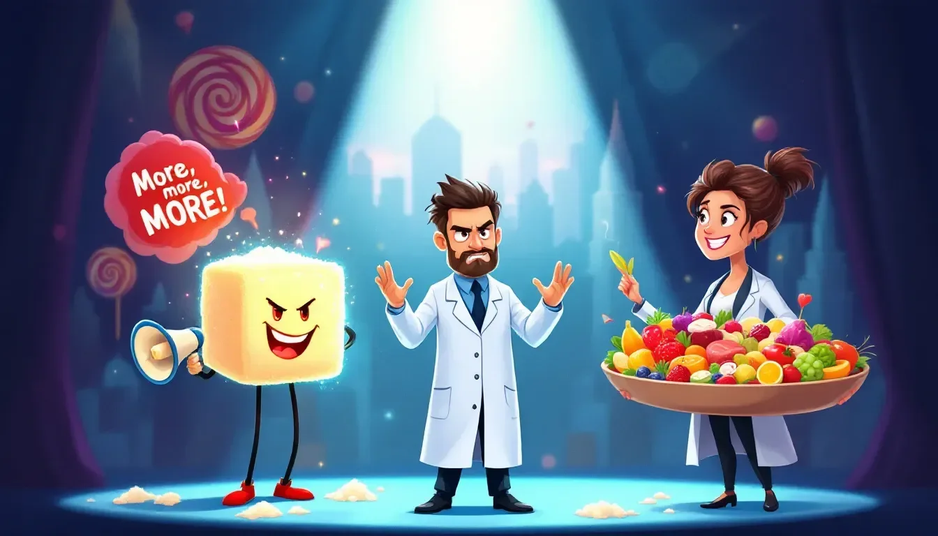 stylized image of a man and woman scientist debating a sugar cube