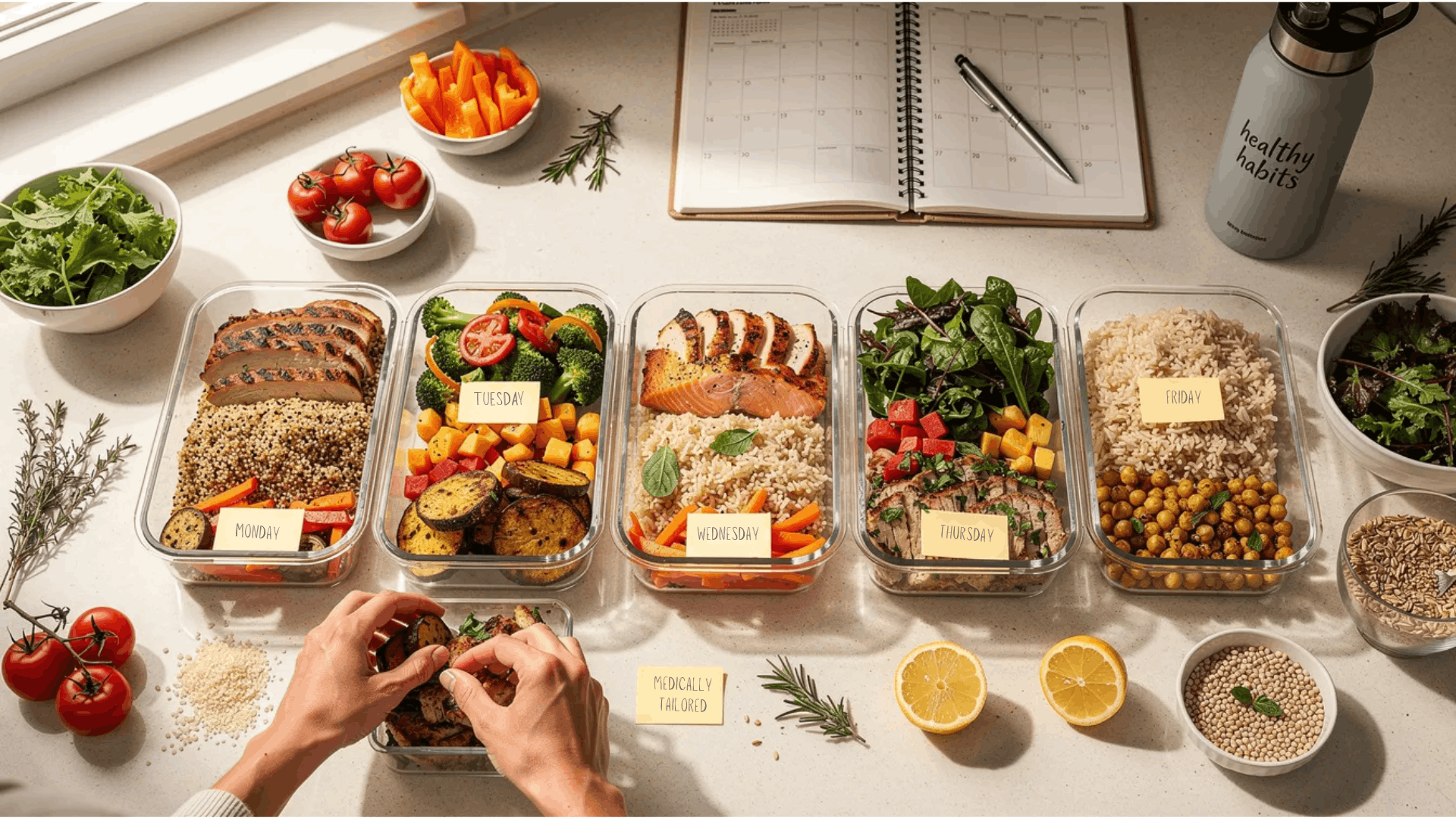 image displaying meal prep with weekly labels and a calendar on a table