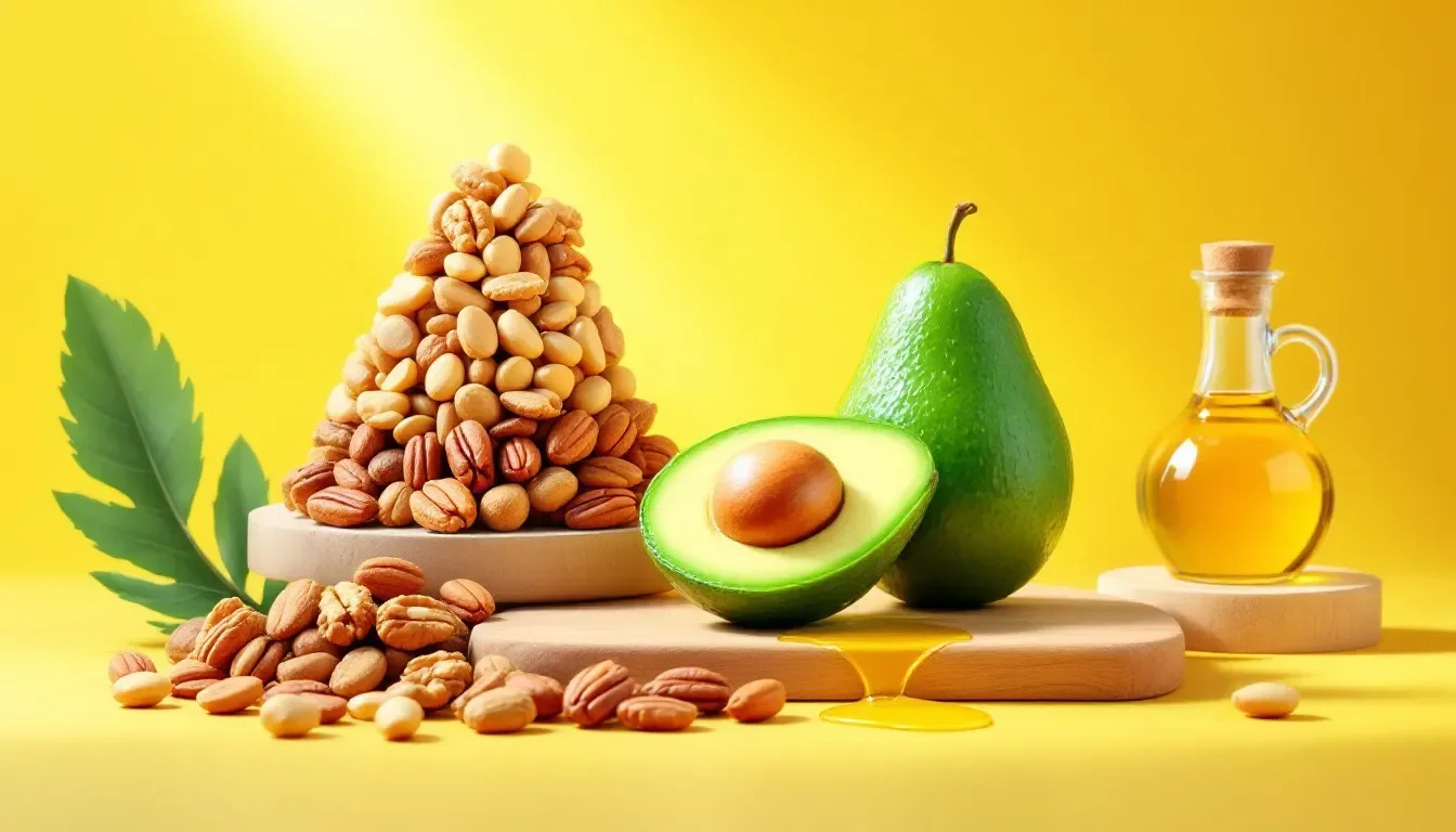 a display of healthy fats. nuts avocados olive oil