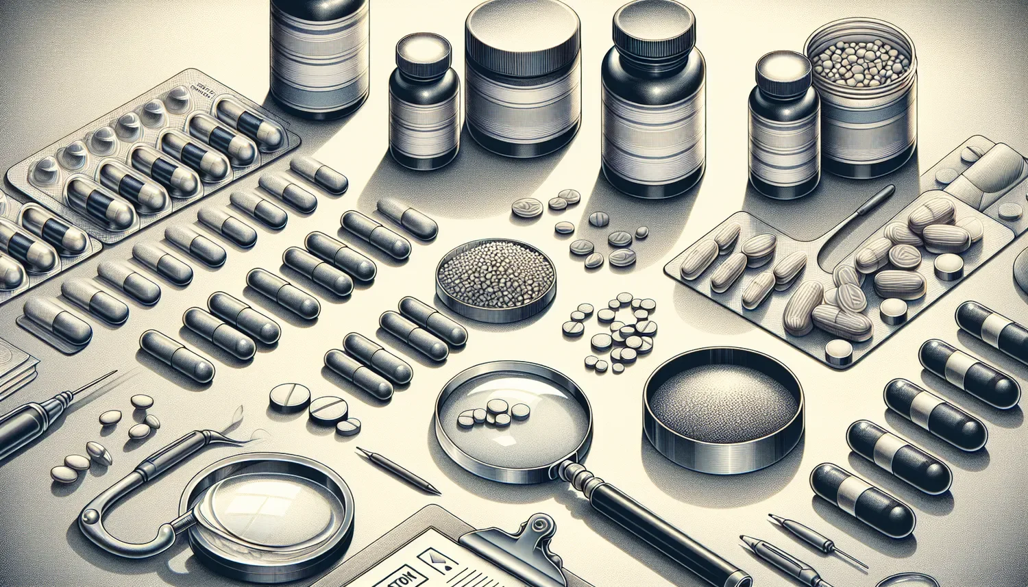 stylized black and white image of capsules pills dished bottles laid out in a uniform fashion