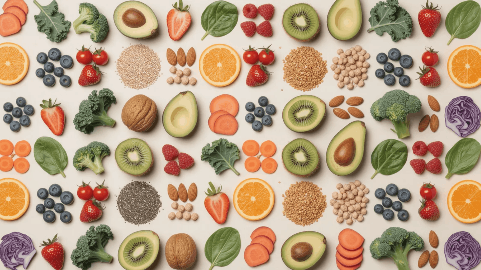 healthy foods and ingredients laid out in an appealing pattern