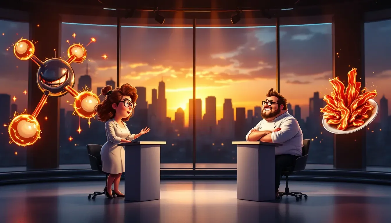 stylized image of a scientist and a chef on a debate stage