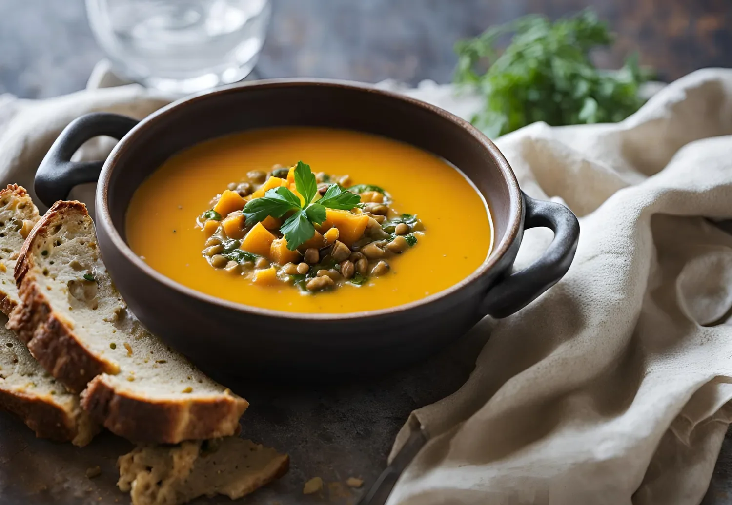 stylized bowl of pumpkin soup with bread