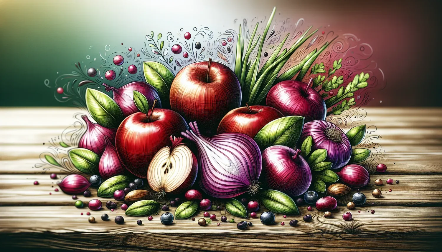 stylized polyphenol fruits and vegetables on a wooden table