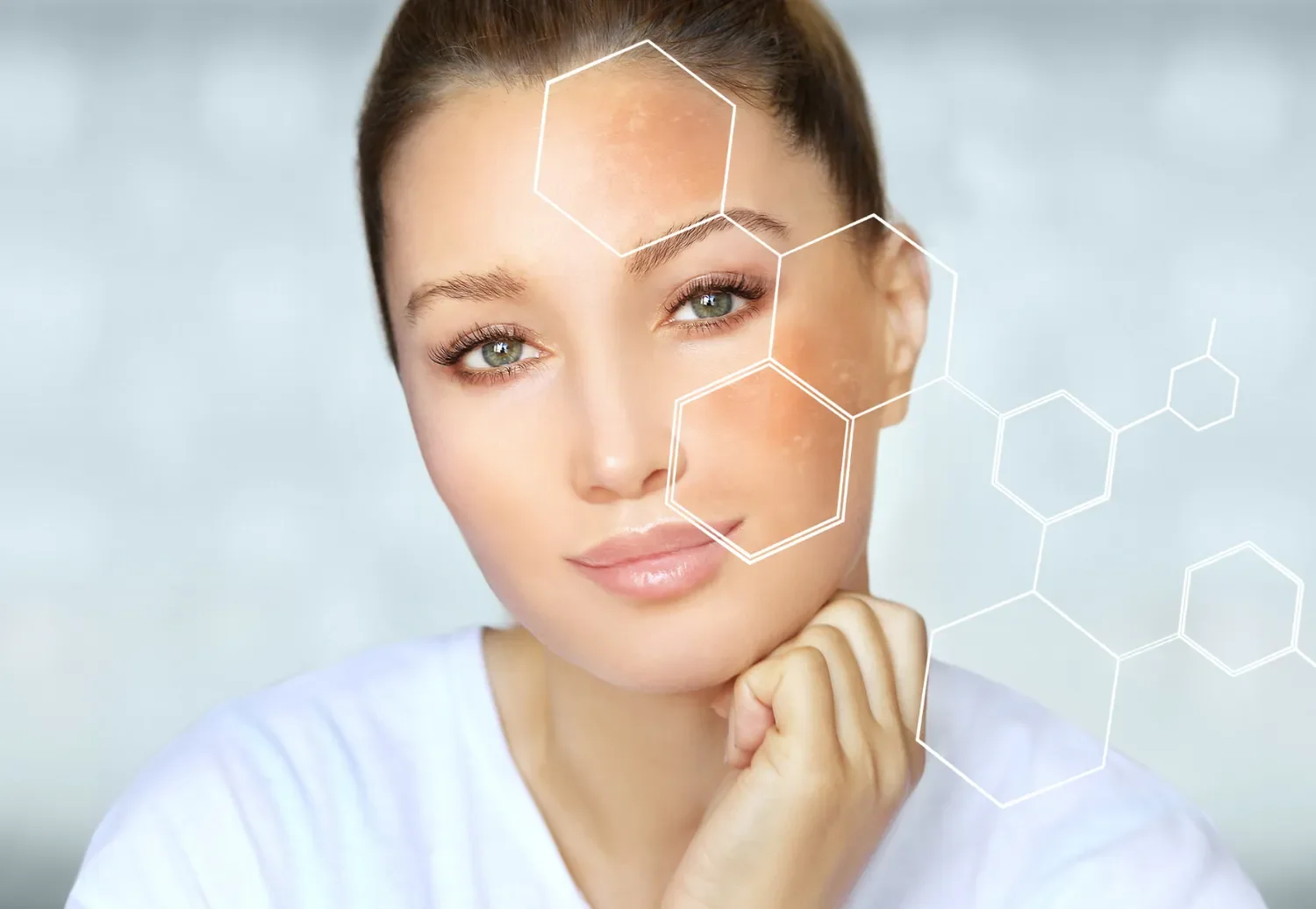 frontal image of a woman with an organic compound overlay