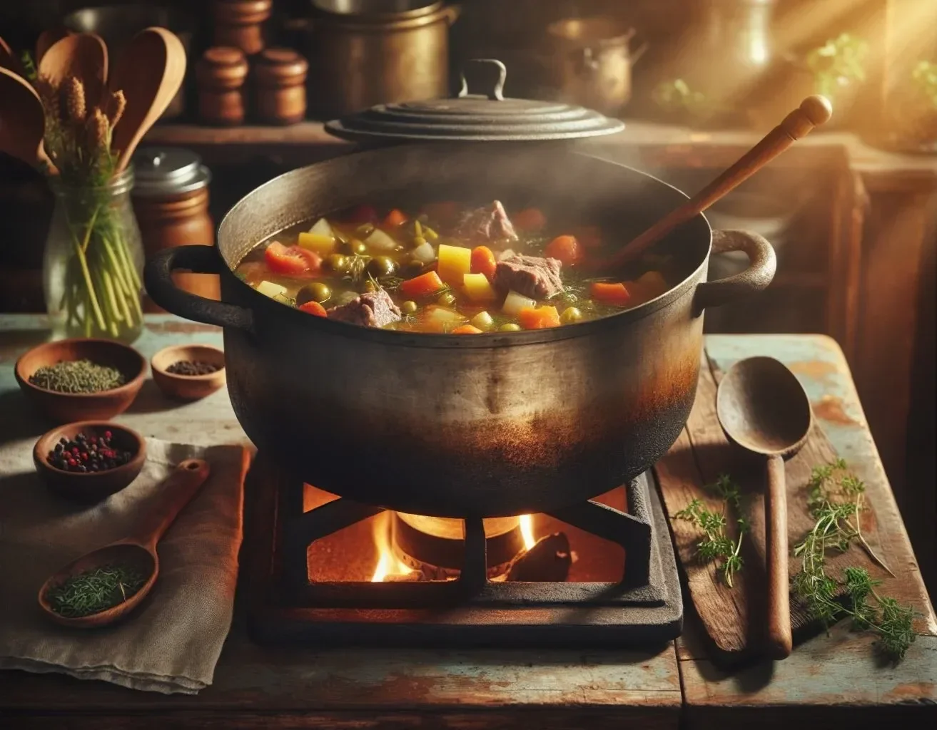 stylized image of a pot of beef soup cooking on the stove