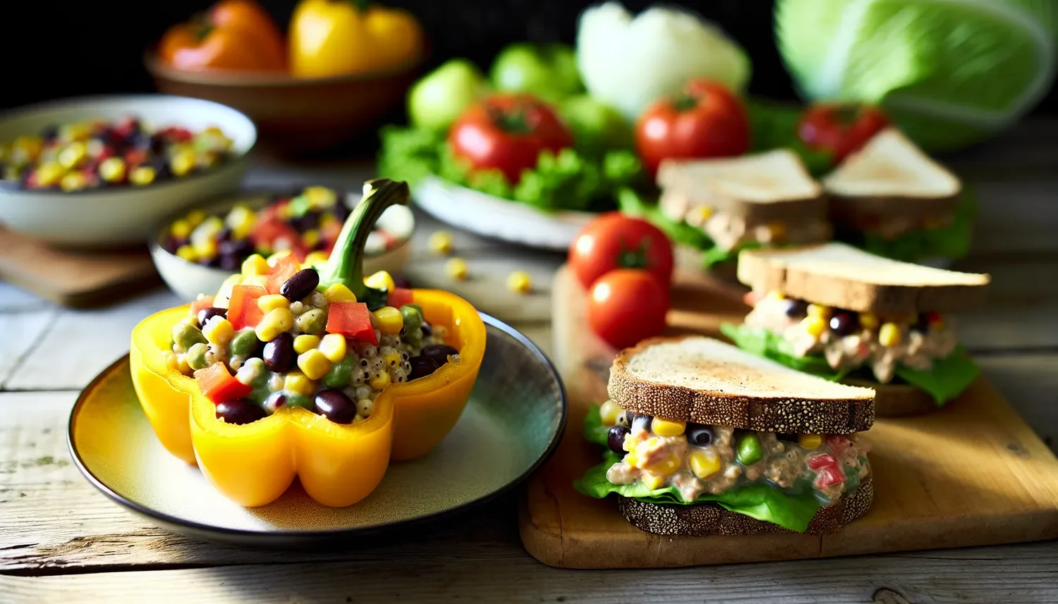 stylized image of vegetarian or vegan dishes stuffed peppers sandwiches