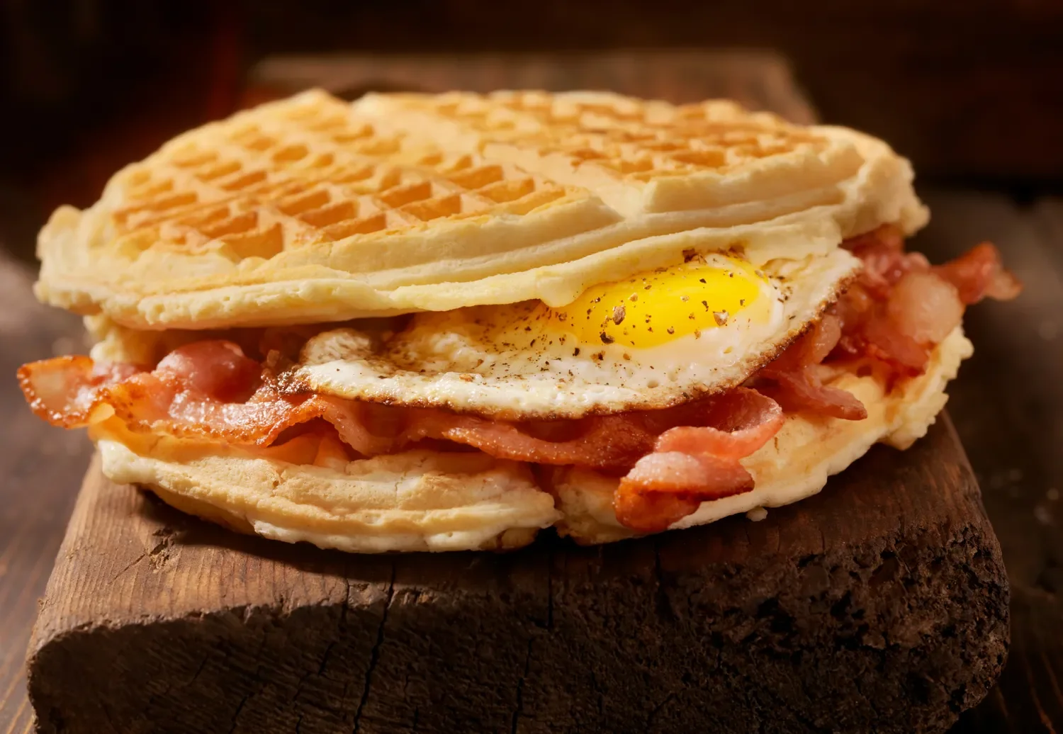 breakfast sandwich made from waffles stuffed with eggs and bacon