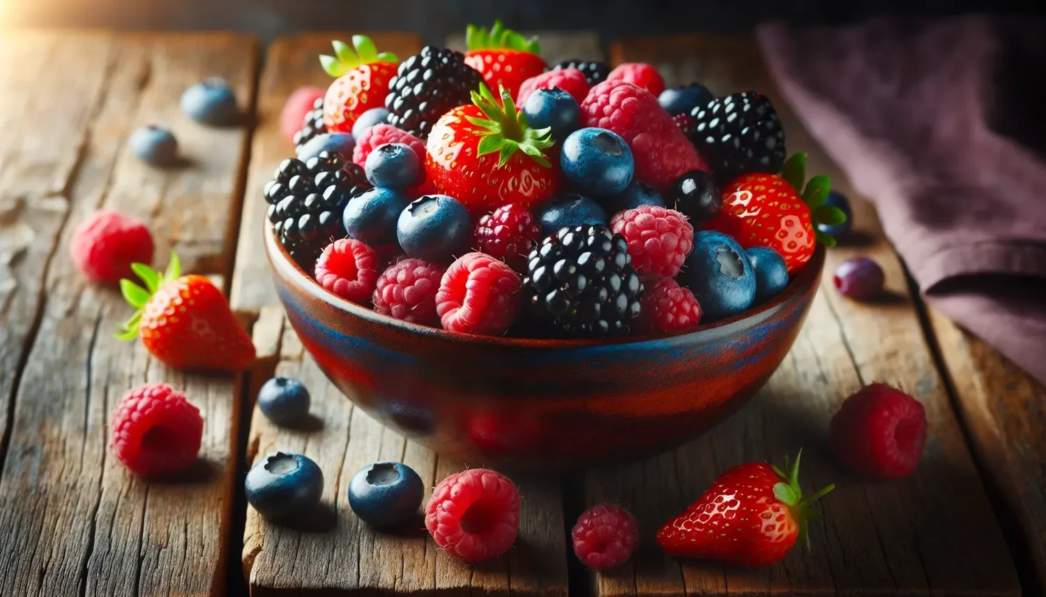 stylized image of blueberries strawberries raspberries in a bowl on a wood table