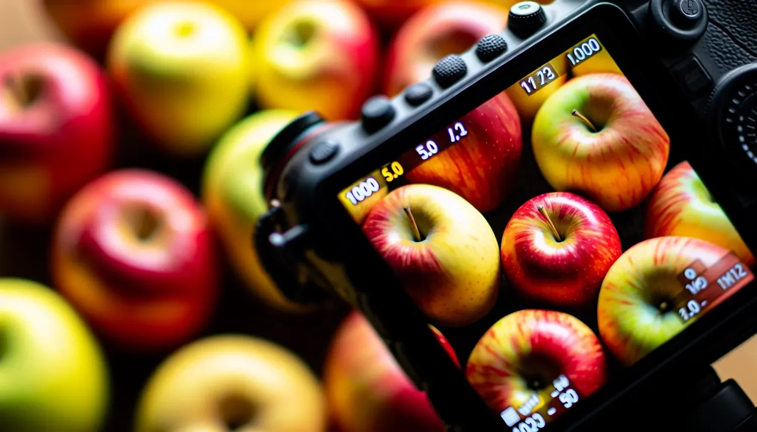 image of a camera screen showing apples with the same apples in the background