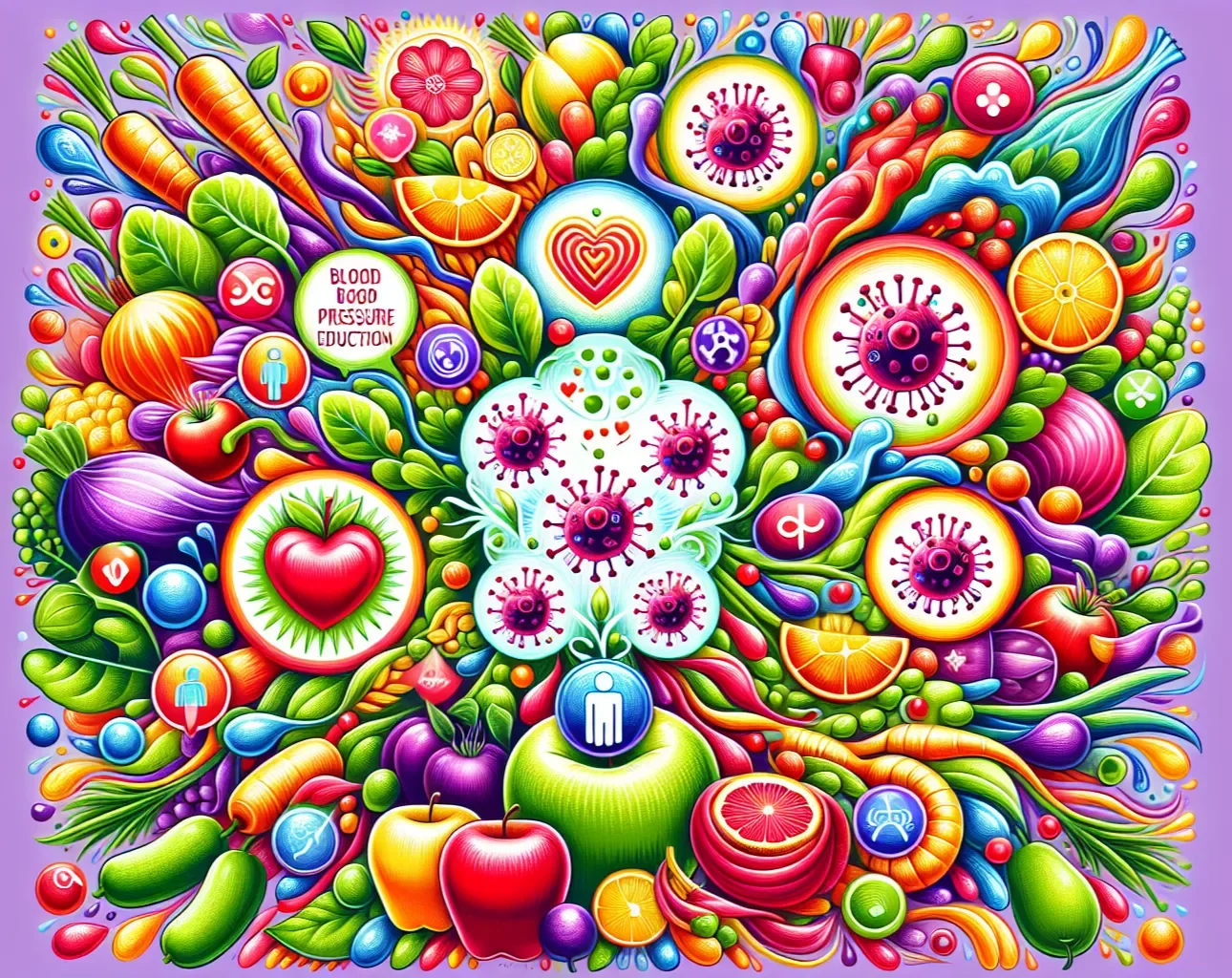 stylized image of cells with polyphenol fruits and vegetables surrounding