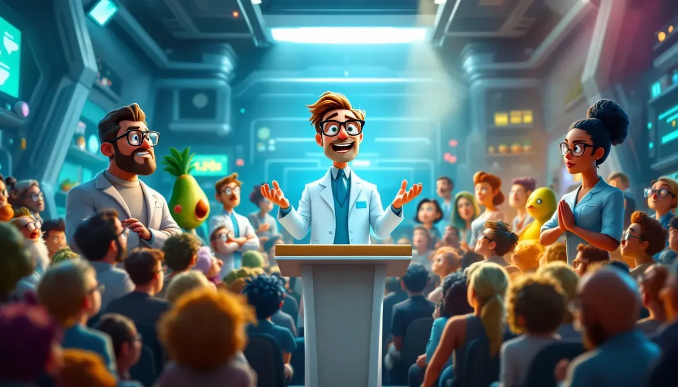 stylized image of a scientist at a podium speaking to a group