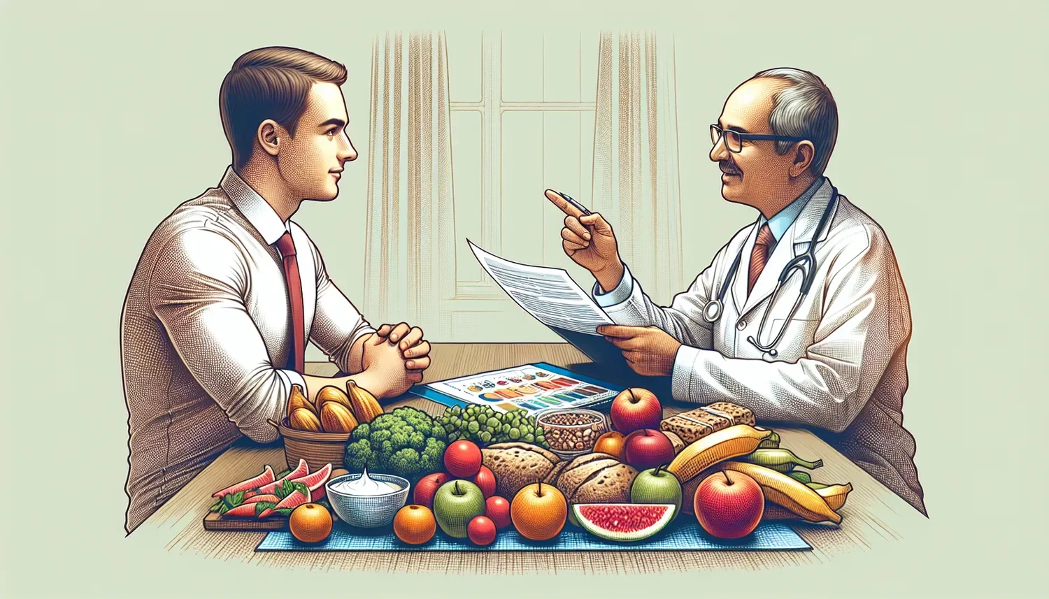 stylized man and doctor discussing diet behind a variety of food items