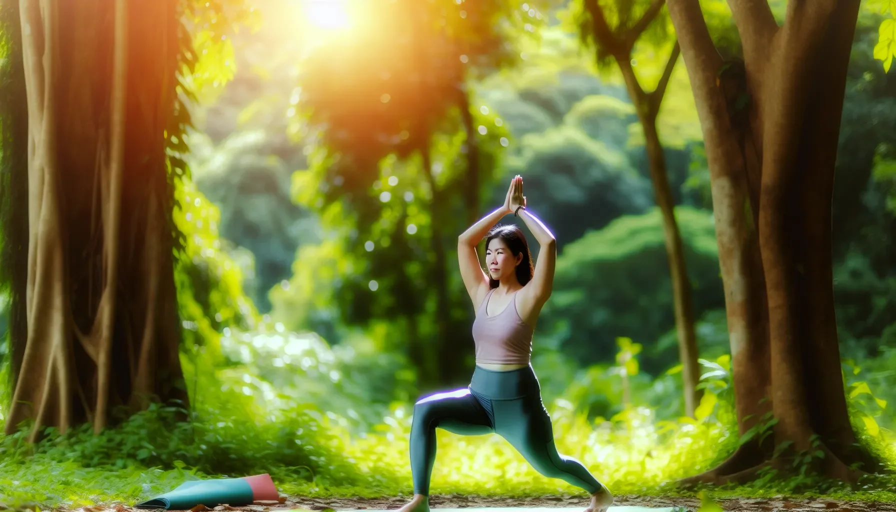 stylized image of a woman in a forest performing yoga