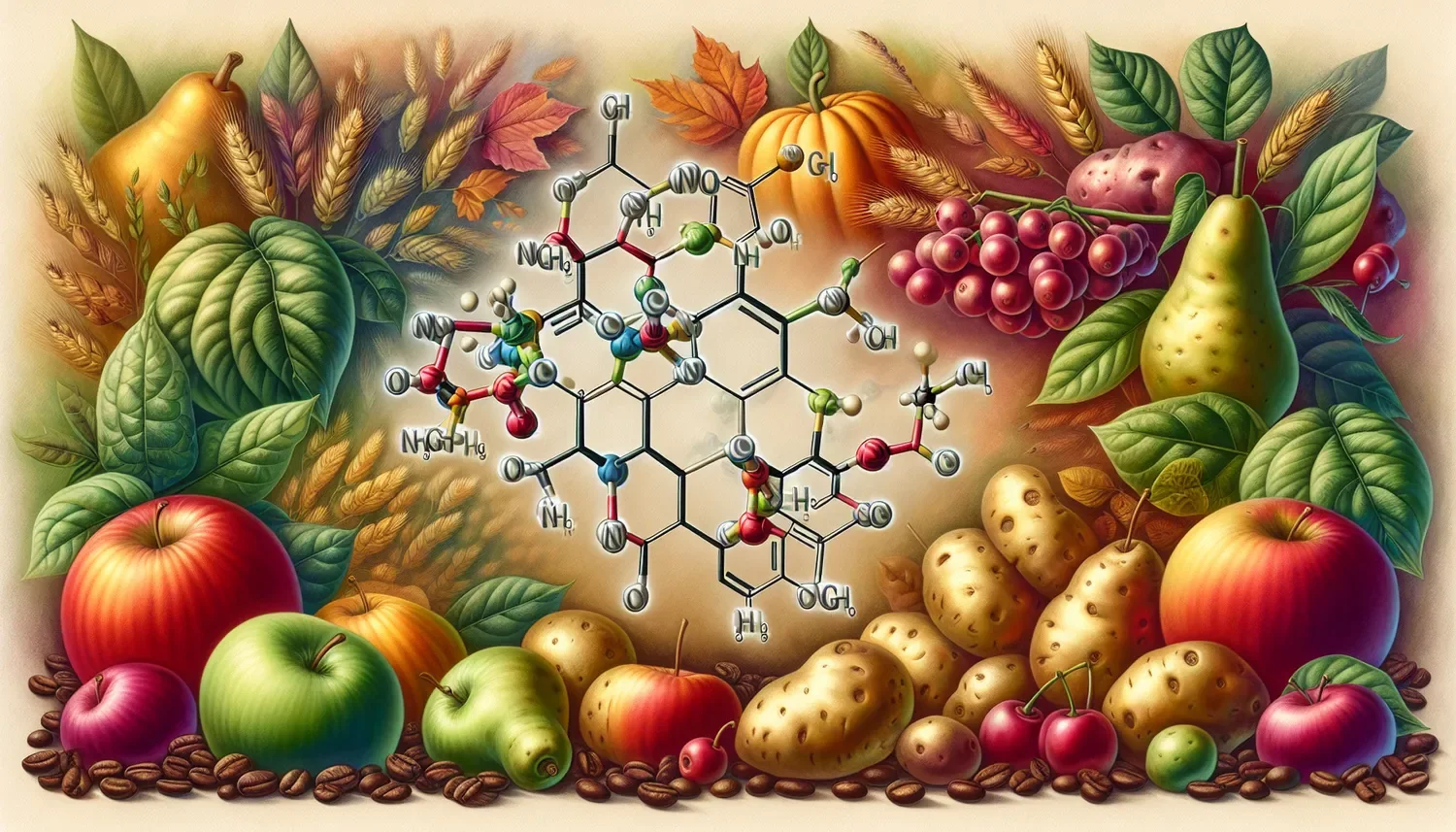 stylized organic molecules with fruits and vegetables surrounding it.