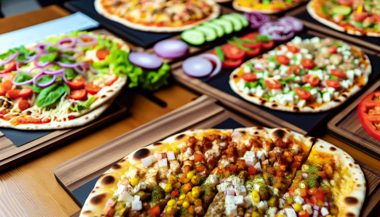 stylized image of different types of pizza