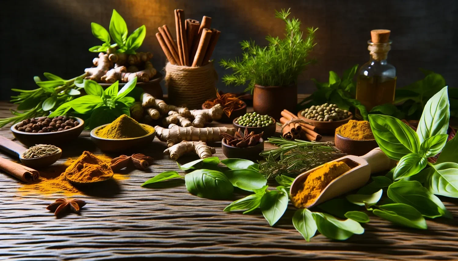 stylized image of various anti inflammatory botanicals. ginger, tumeric, cinnamon, star anise. spices.