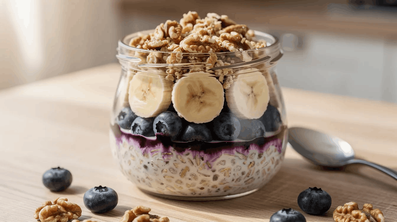 A glass jar of overnight oats is beautifully layered with fresh blueberries, banana slices, and crushed walnuts, making it a nutritious breakfast option that supports healthy blood pressure levels.