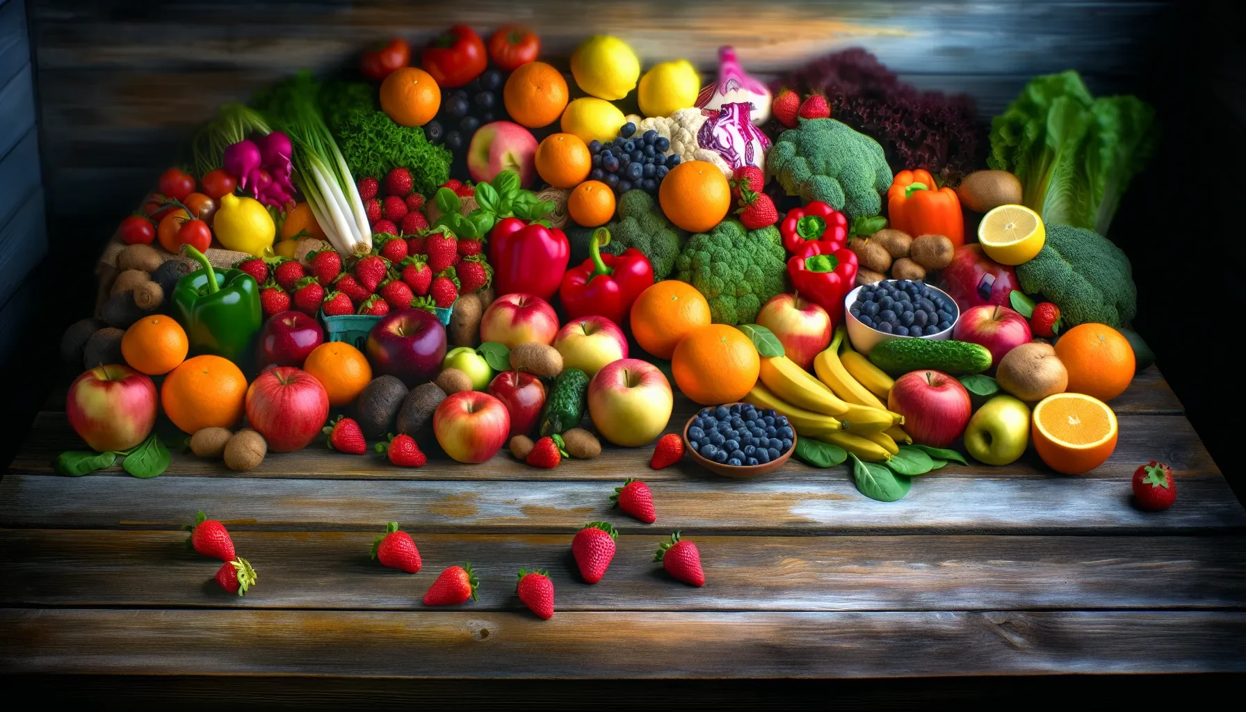 stylized image of fruits and vegetables stacked on a wooded table
