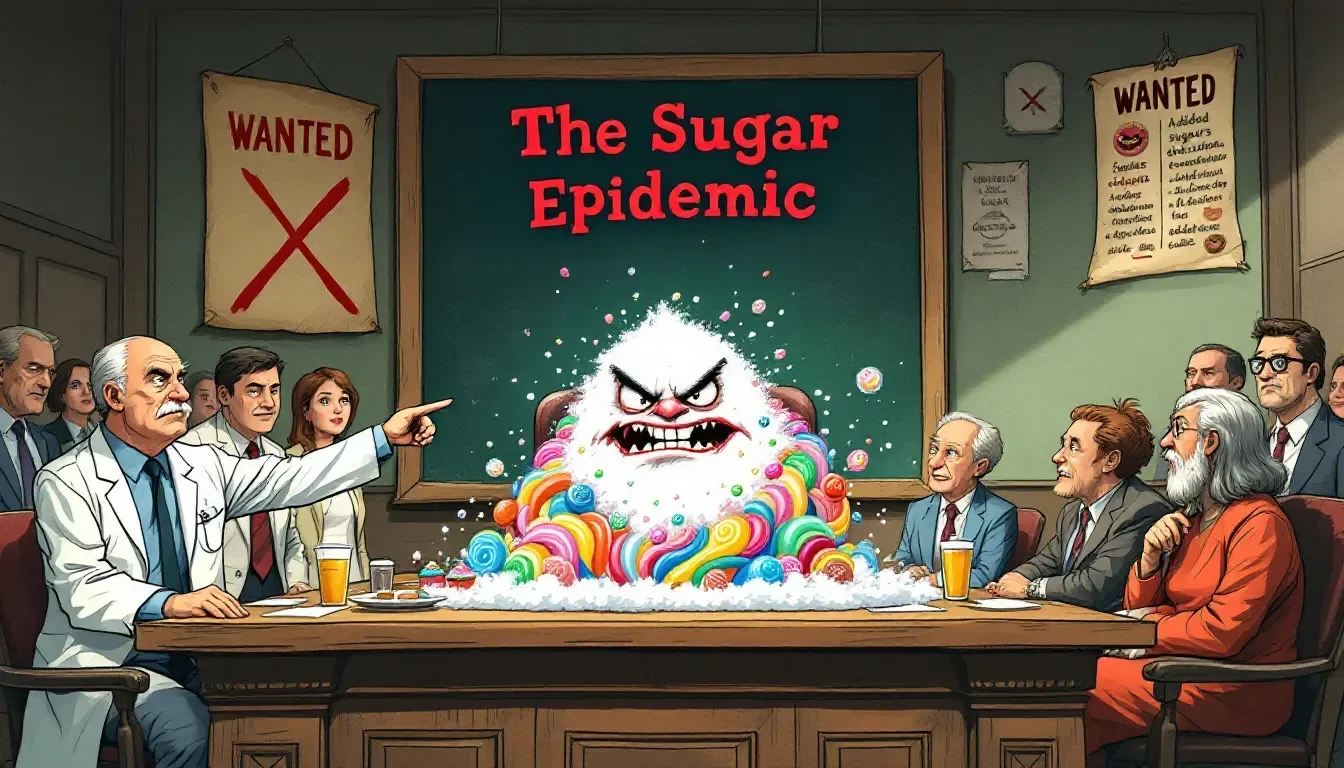 stylized image of a pile of sugar in front of wanted posted and surrounded by concerned scientists