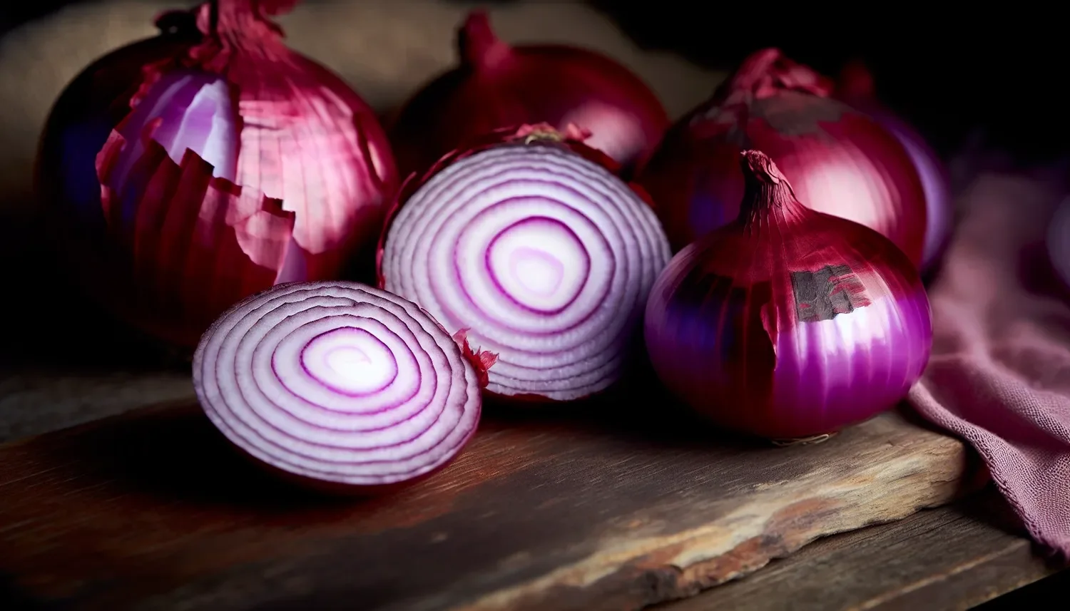 stylized red onions on a wood table