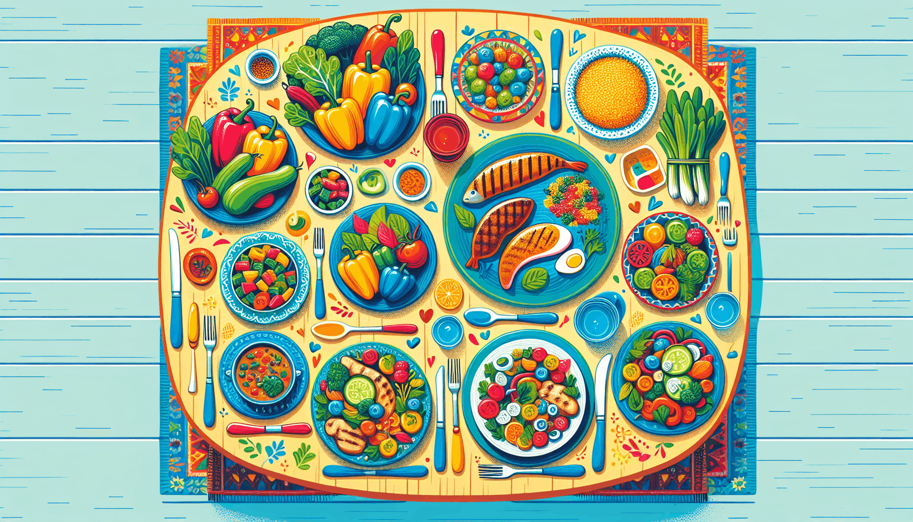 stylized large display of various fruits, meats, vegetables, grains.