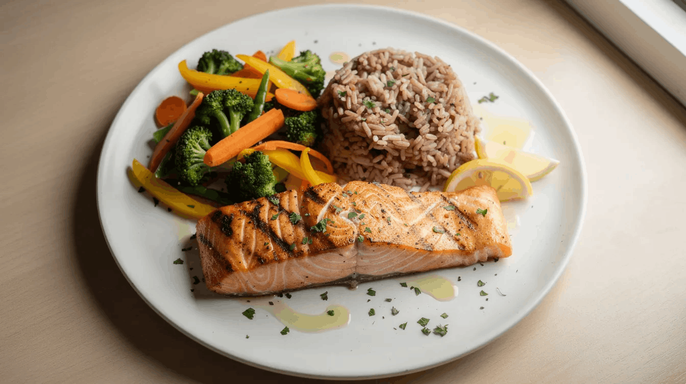 plate featuring salmon, rice, and steamed vegetables.