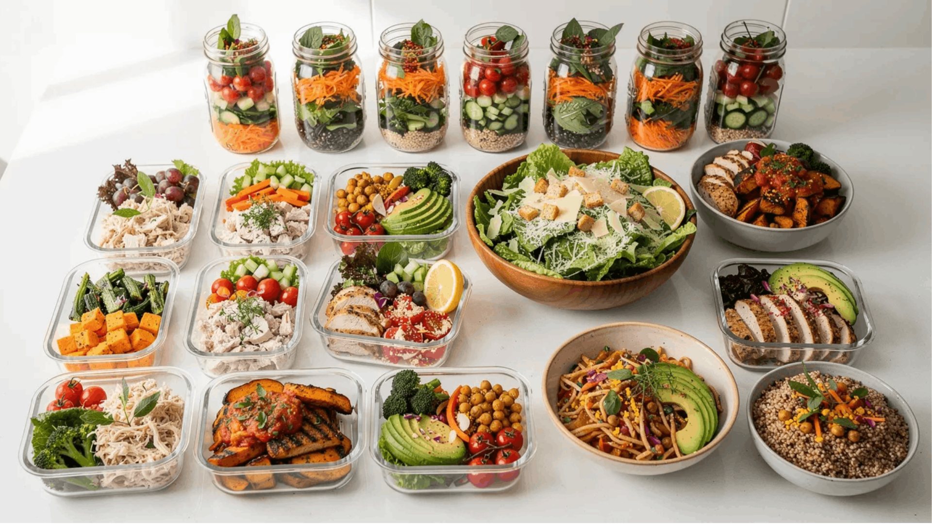 image of various meal prep recipe examples arranged on a table