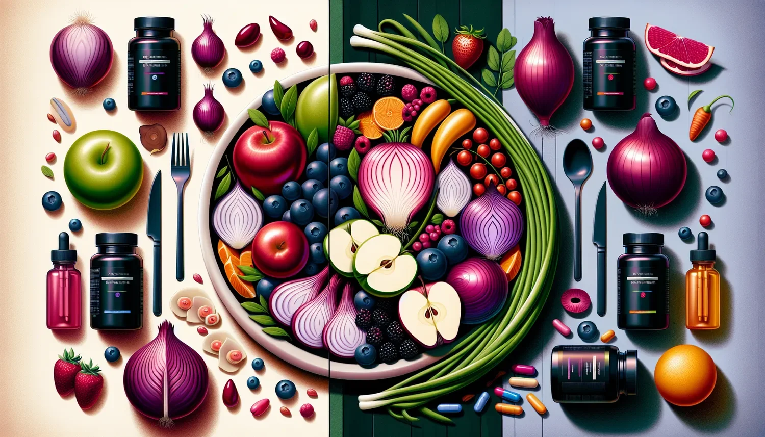stylized image with quercetin bottles and fruits and vegetables in the middle in a bowl
