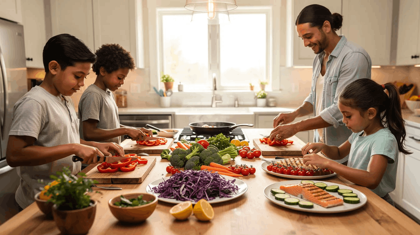 family cooking together in the kitchen