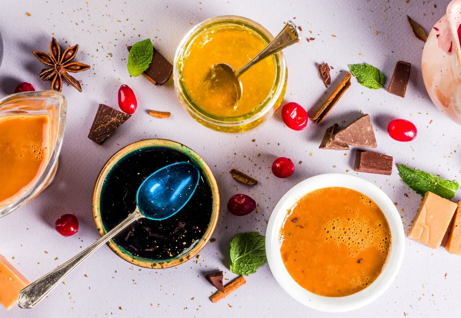 various spices and seasonings and sauces on display.